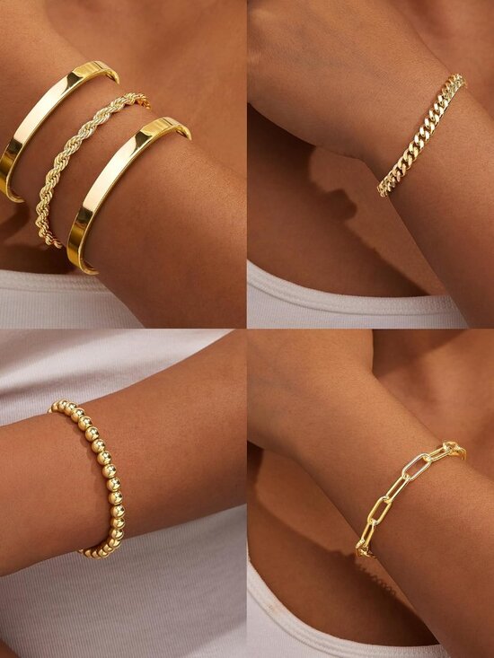 Gold Bracelets Set for Women Non Tarnish, Waterproof 14K Gold Plated Sterling Si - Picture 3 of 7